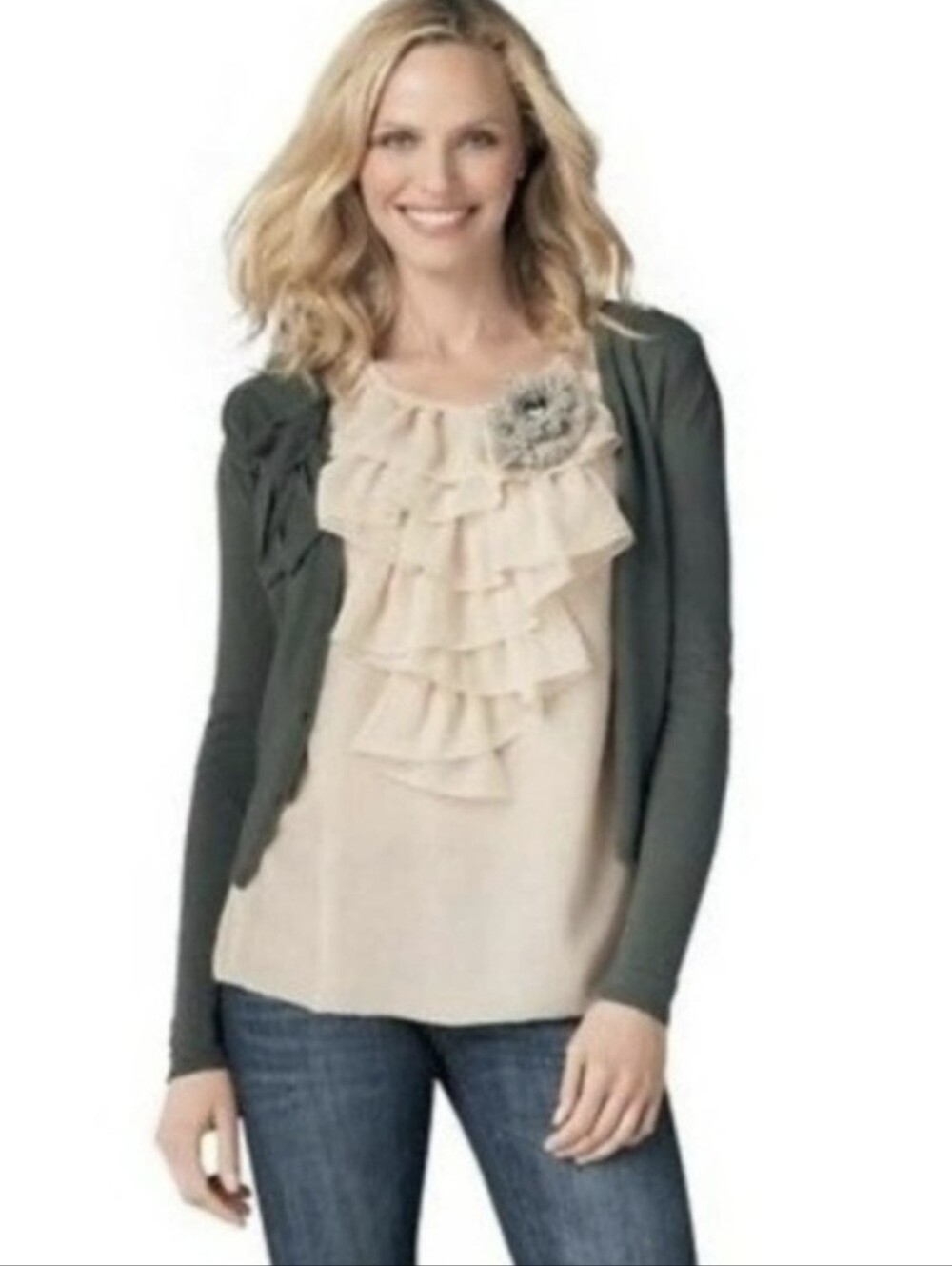 CAbi Womens Cardigan Sweater Raise Bow Applique Cashmere Olive Army Green Medium